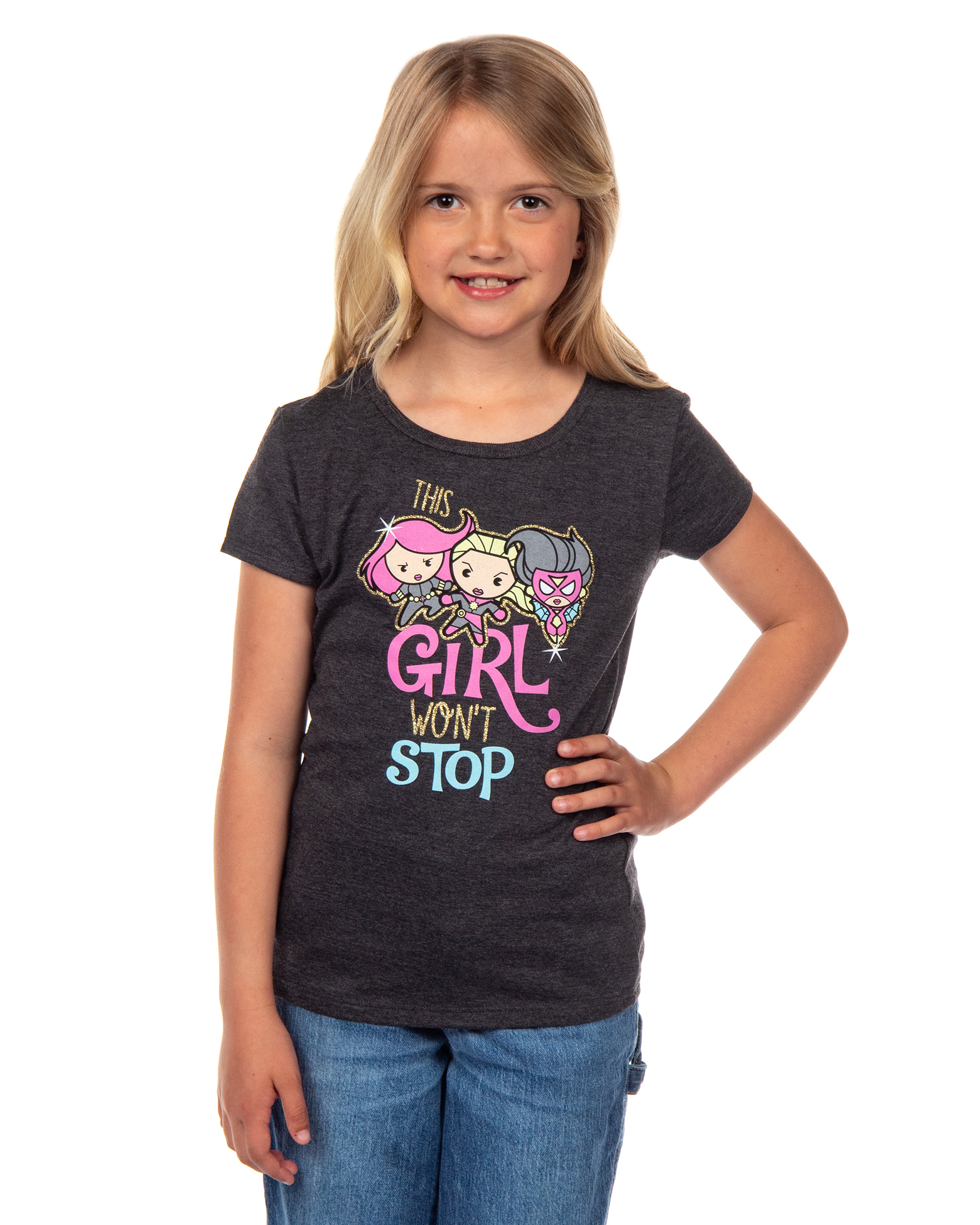 Marvel Girls' This Girl Won't Stop Chibi Superheroes Glitter T-Shirt - Picture 4 of 15
