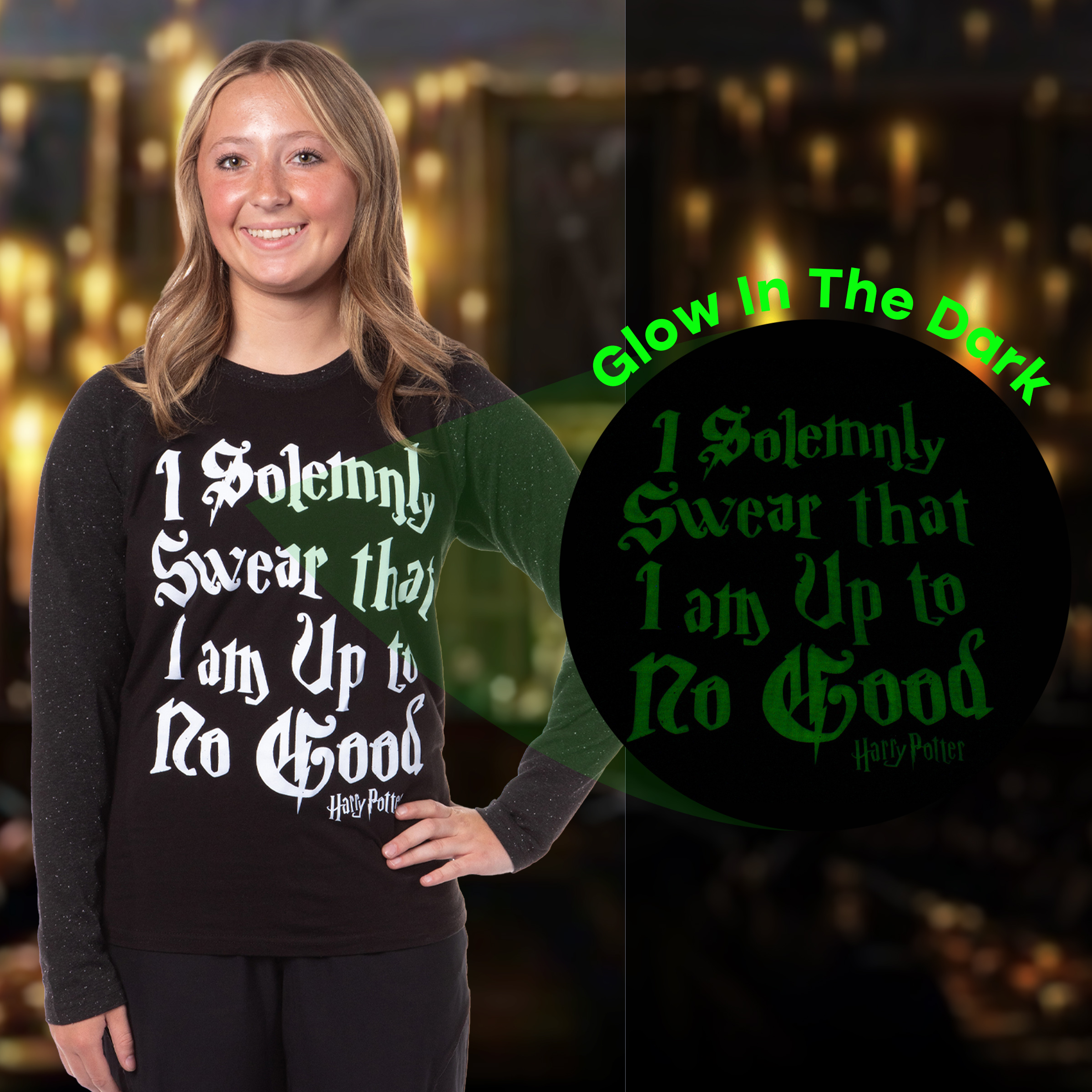 Harry Potter Girls' I Solemnly Swear Glow In The Dark Raglan T-Shirt - Picture 4 of 6