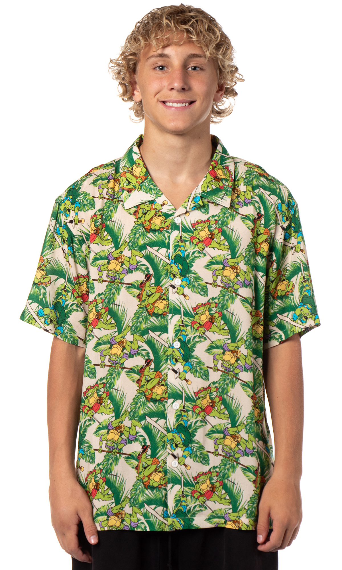 Teenage Mutant Ninja Turtles Men’s Hawaiian Foliage Button-Up Woven Shirt