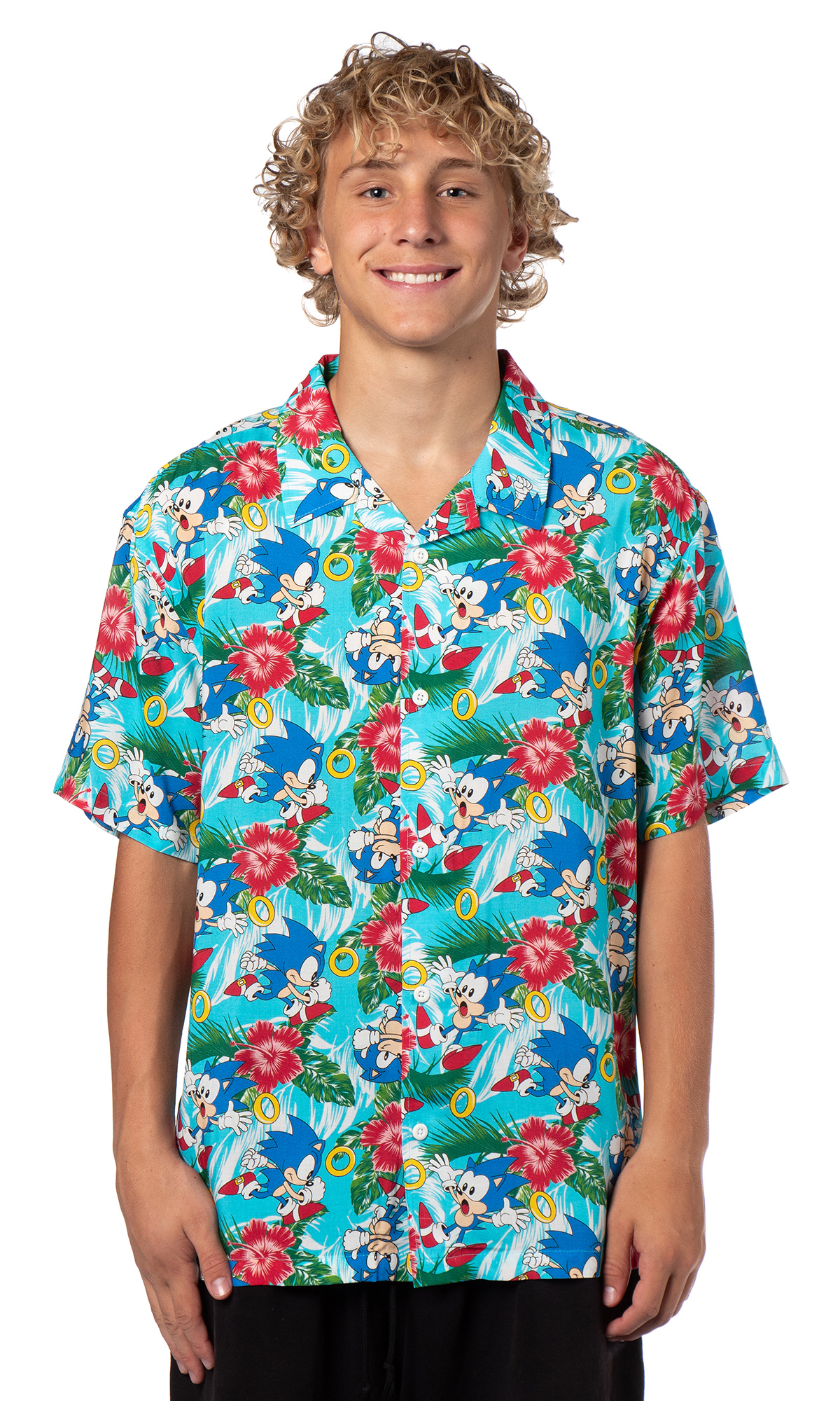 Sonic the Hedgehog Men’s Hawaiian Floral Character Button-Up Woven Shirt